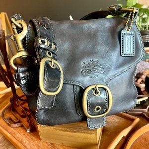 Coach Genuine Black Leather Bleeker Flap Tattersall Shoulder Bag